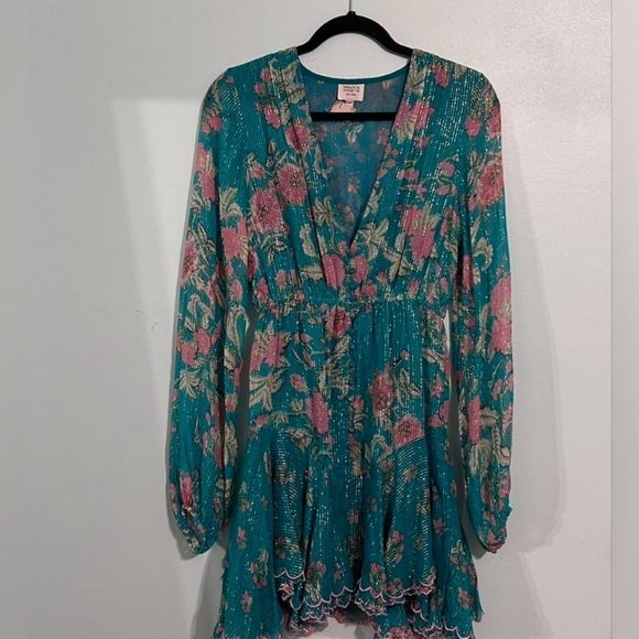 HEMANT & NANDITA Vibrant Green and Pink Isha Floral Short Dress Size Large - Picture 3 of 7